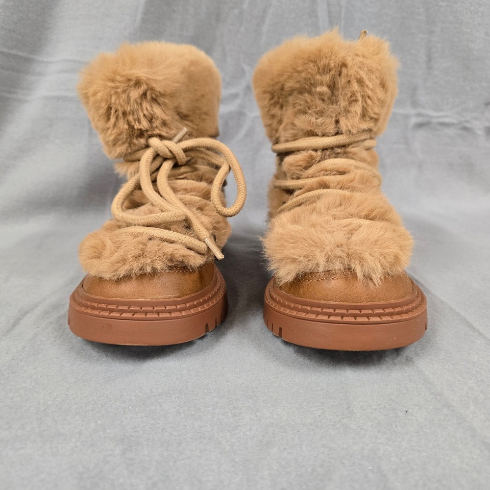 American Eagle Tan Faux Fur Moon Boots Lace Up Lug Sole Winter Shoes Womens 6